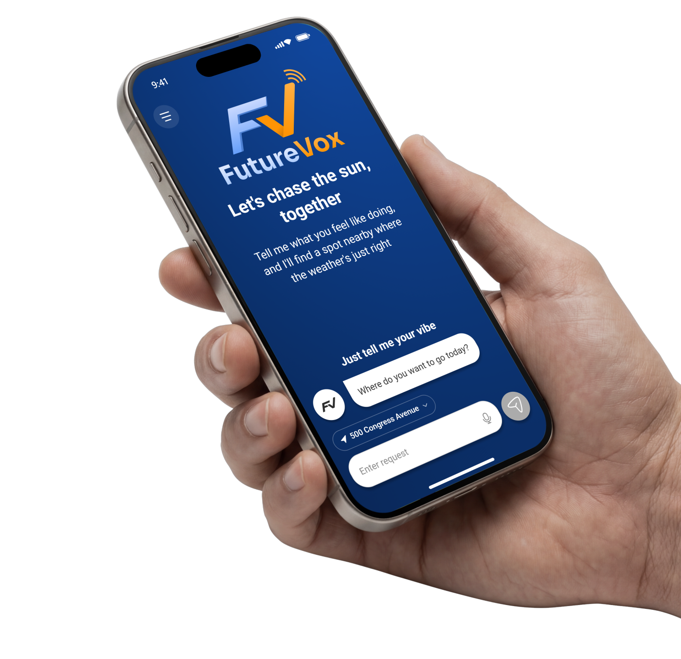 A hand holding a phone showing FutureVox